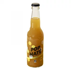 Bouteille de boisson pétillante au maté bio POP Maté, avec des bulles.
