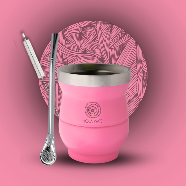 Élégante calebasse rose en inox, parfaite pour les amateurs de maté. Design moderne et pratique.