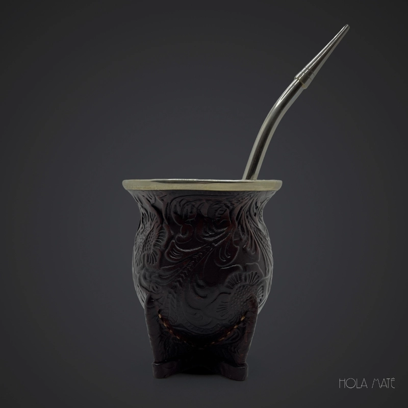 Maté Camionero Ceramica "Virola Cincelada Cuero Trabajo" - Artisanat Uruguay