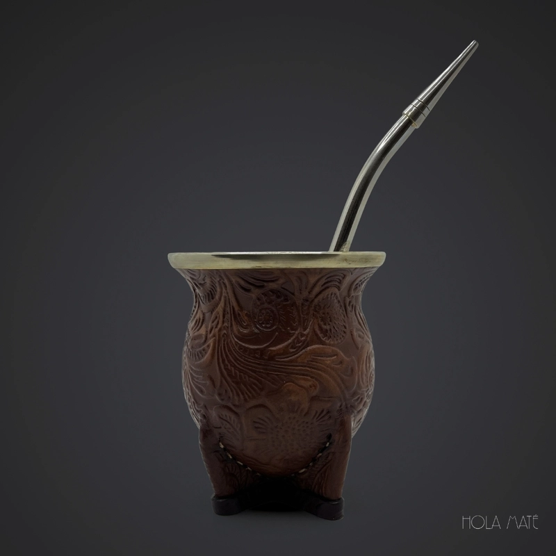 Maté Camionero Ceramica "Virola Cincelada Cuero Trabajo" - Artisanat Uruguay