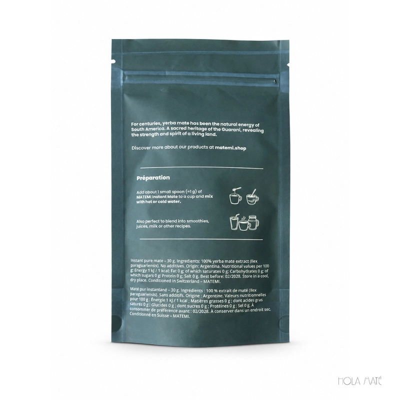 maté instantané, mate instantané, instant mate, yerba maté instantané, yerba mate instantané, maté soluble, mate soluble, yerba maté soluble, yerba mate soluble, extrait de maté, extrait de yerba maté, maté pur, mate pur, maté naturel, mate naturel, maté sans additifs, yerba maté sans additifs, boisson énergisante naturelle, énergie naturelle, alternative au café, boisson chaude, boisson froide, maté chaud, maté glacé, iced mate, boisson soluble, poudre de maté, maté en poudre, boisson instantanée, maté 30g, Matemi, instant mate Matemi, maté d’Amérique du Sud, yerba maté Argentine, boisson naturelle, boisson végétale, préparation rapide, maté facile à préparer